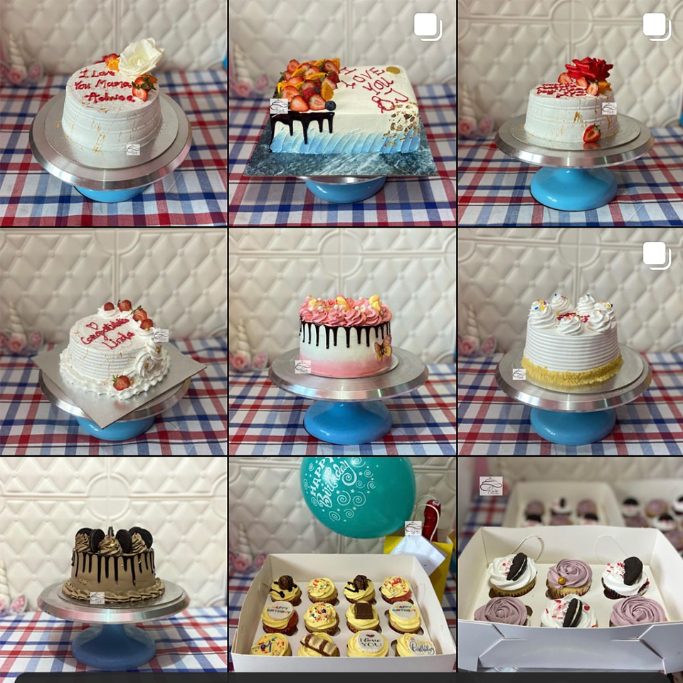 A collage of different cakes and baked goods all intricately designed using frosting, cake ,fruit and other decoration